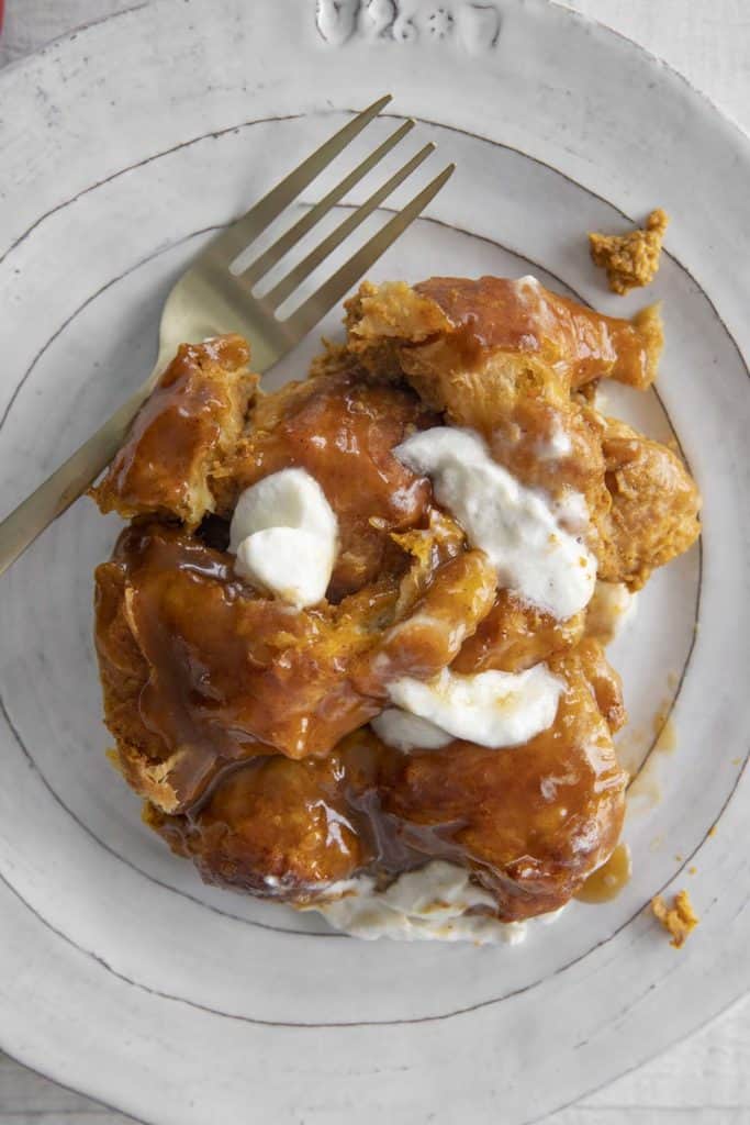pumpkin bread pudding on a plate