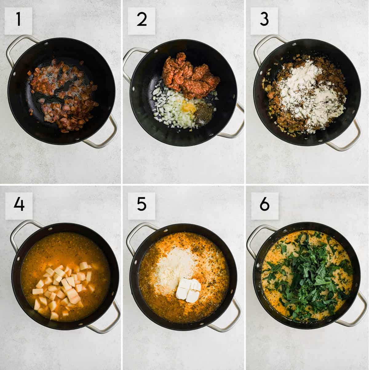 six panel collage image showing how to make zuppa toscana