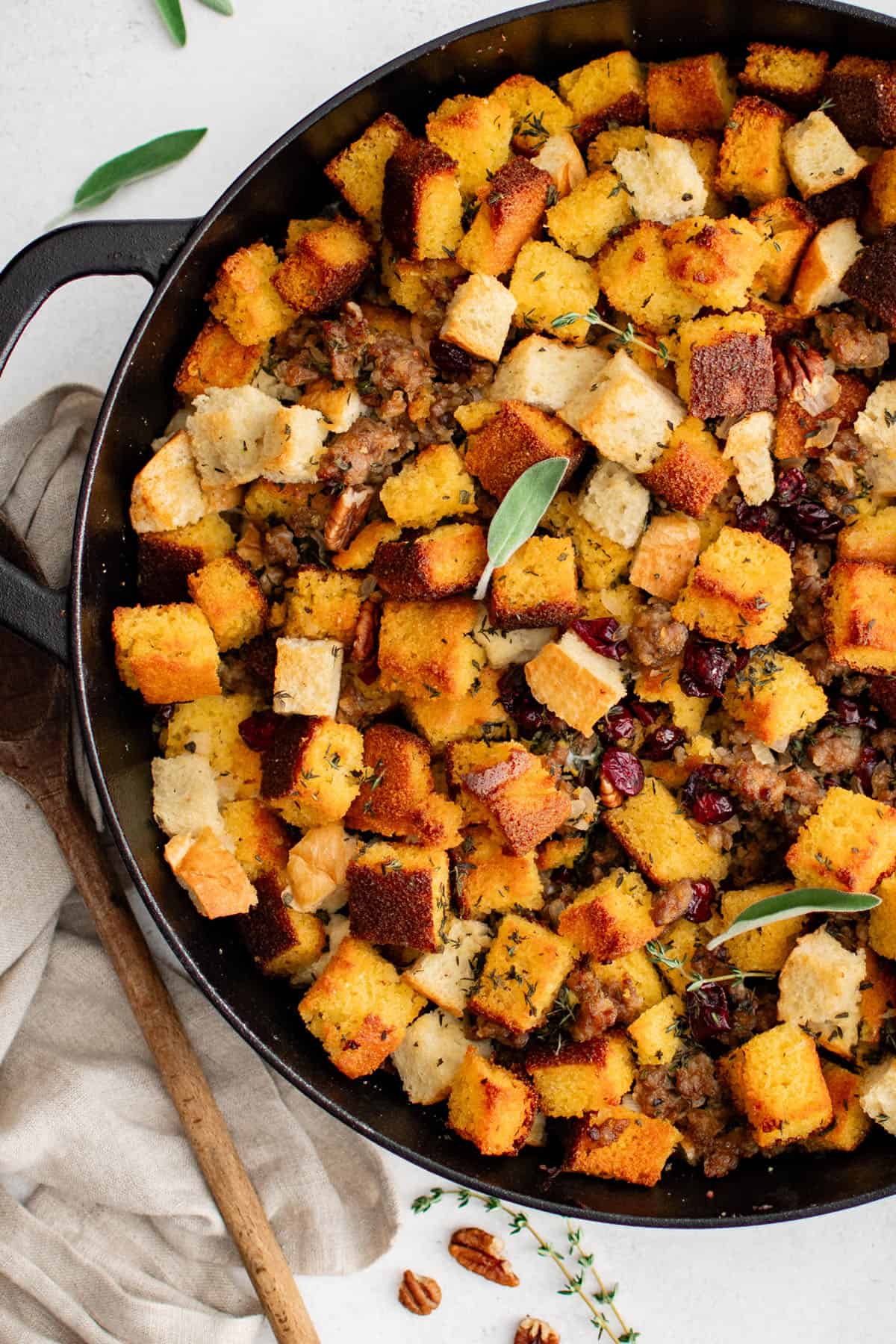 cornbread stuffing in a cast iron skillet