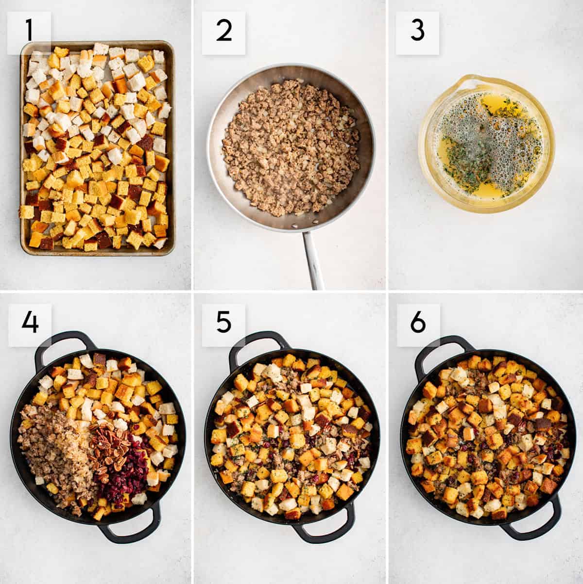 six panel collage image showing the process of making cornbread stuffing