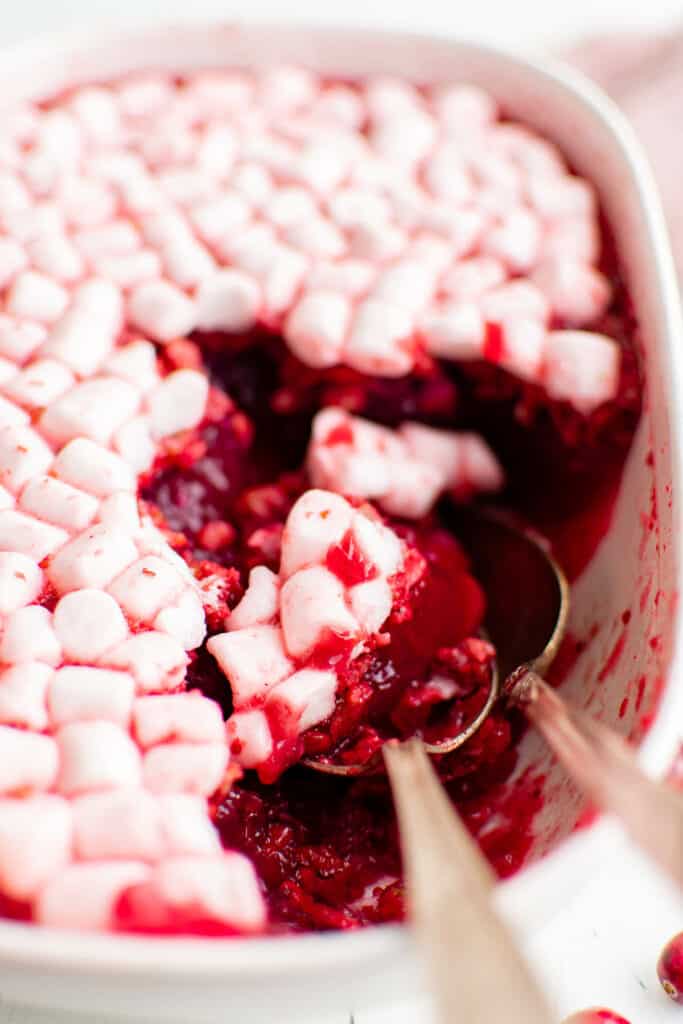 dish of cranberry salad with marshmallows