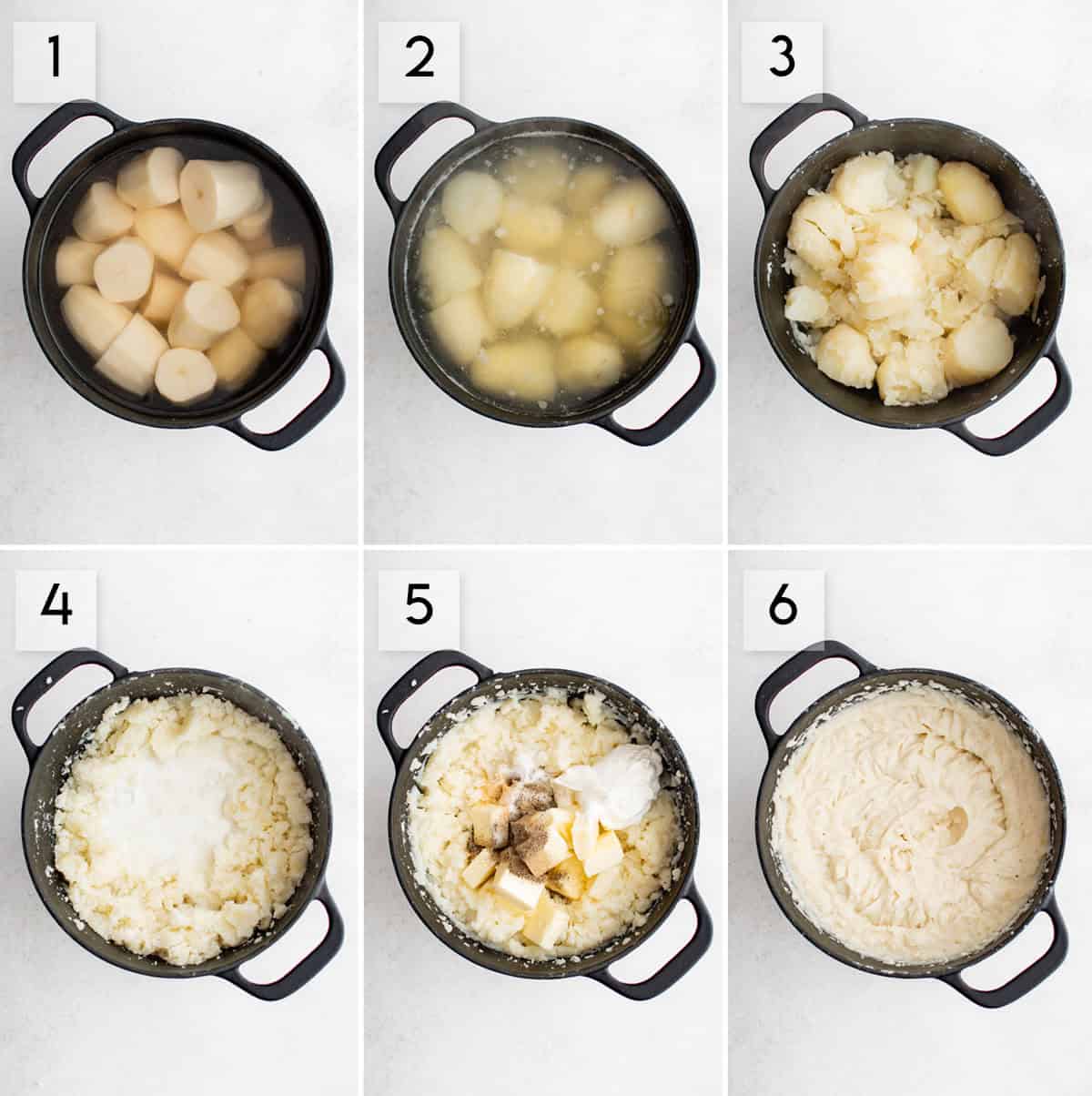 six panel collage image showing how to make perfect mashed potatoes