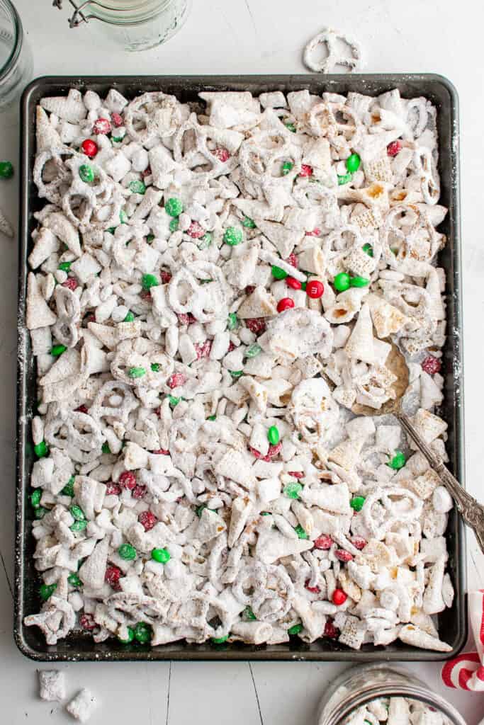 sheet pan with christmas chex mix
