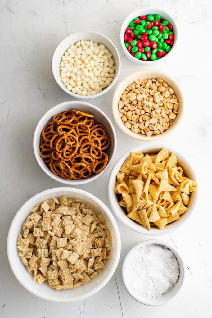 ingredients to make Christmas chex mix 