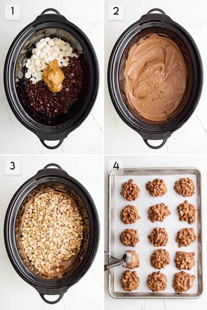 photo collage of how to make crockpot peanut clusters