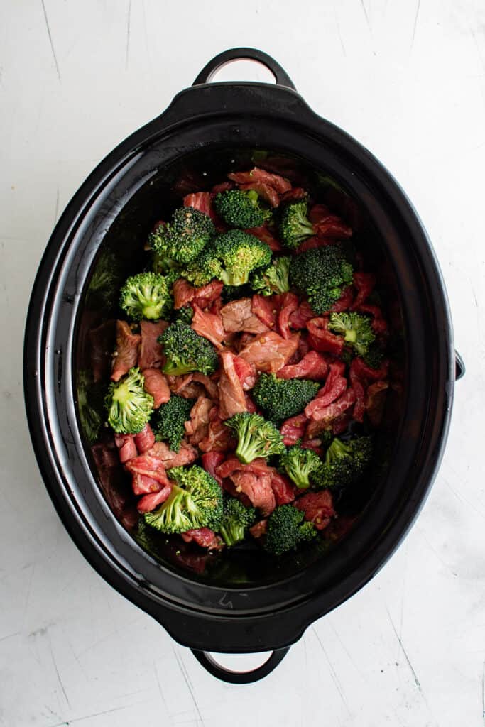 ingredients for crockpot beef and broccoli in the slow cooker