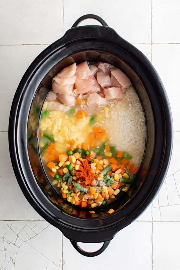 ingredients for chicken and rice in the slow cooker