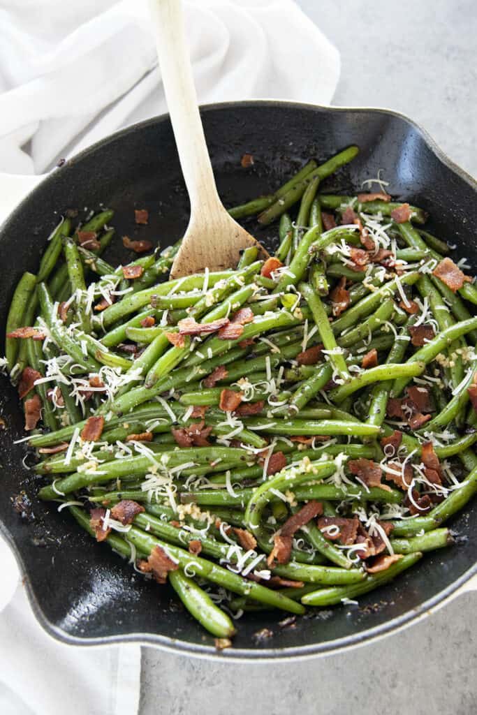 bacon green beans in a skillet