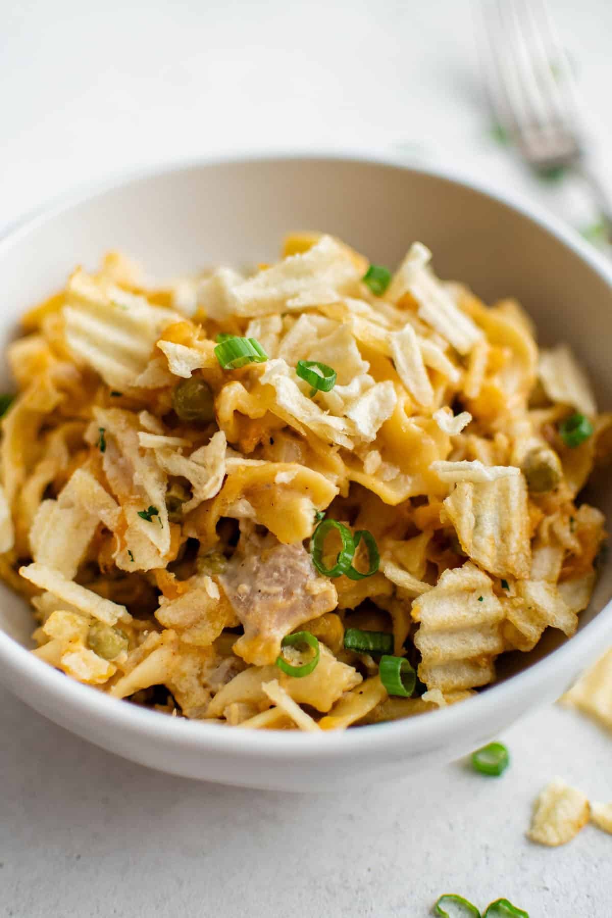 close up photo of tuna casserole in a bowl