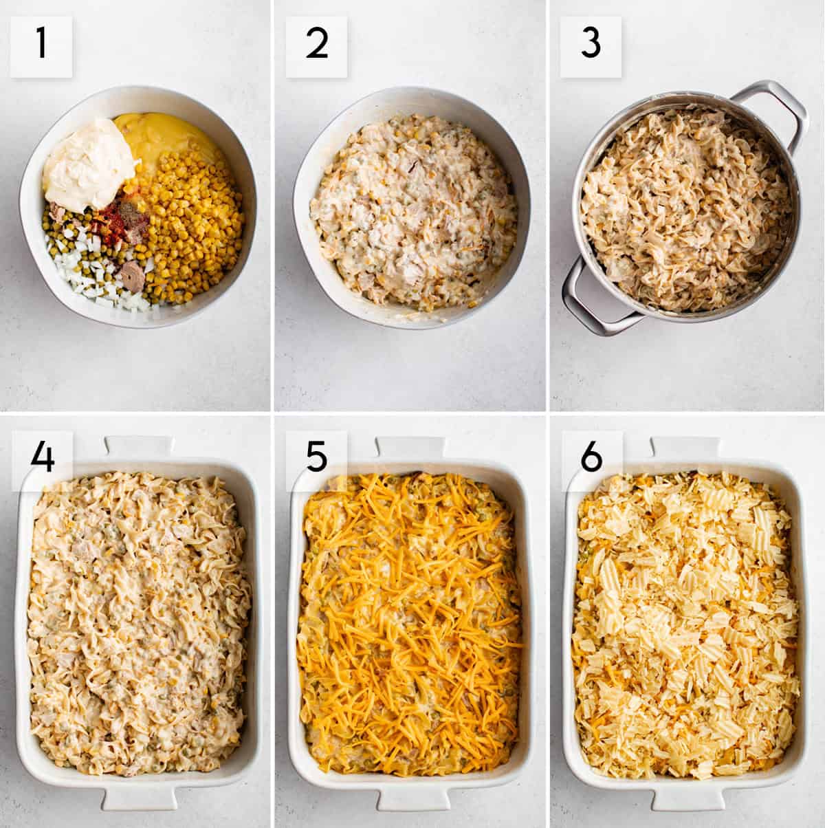 six panel collage image showing the process of making tuna casserole