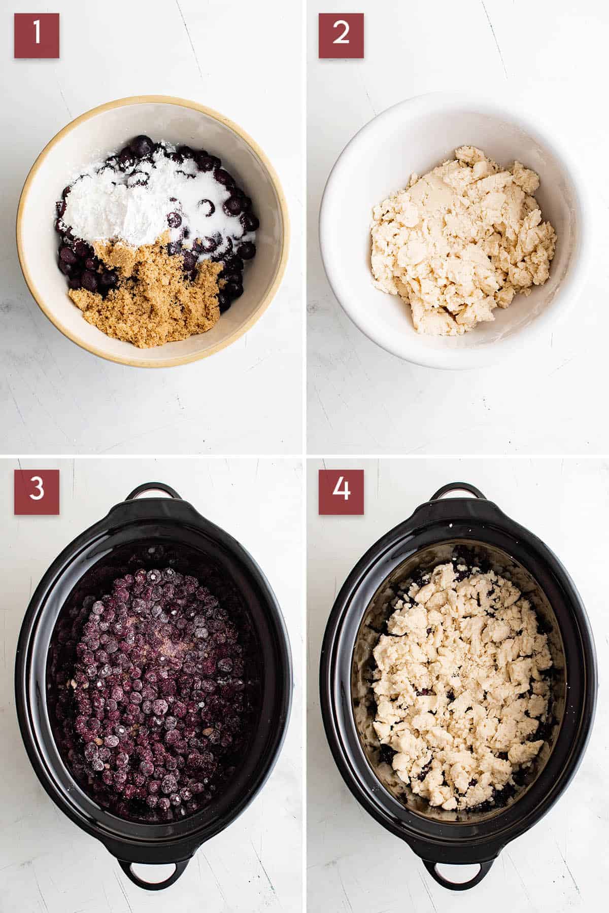 Four panel collage showing different parts of the blueberry cobbler making process