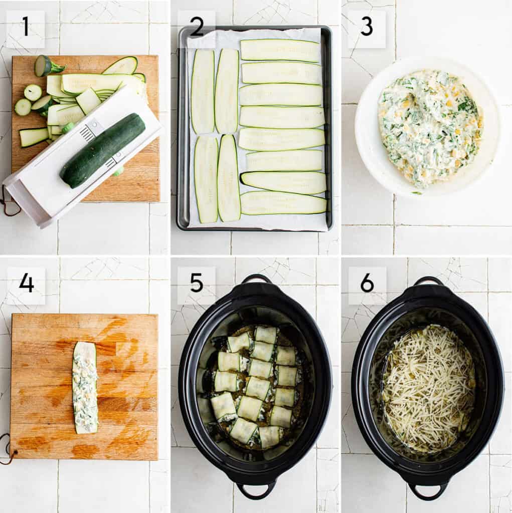 photo collage showing how to make zucchini lasagna roll ups