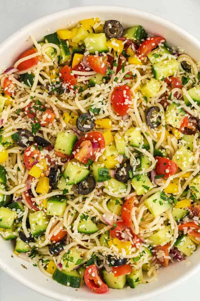 spaghetti salad in a bowl