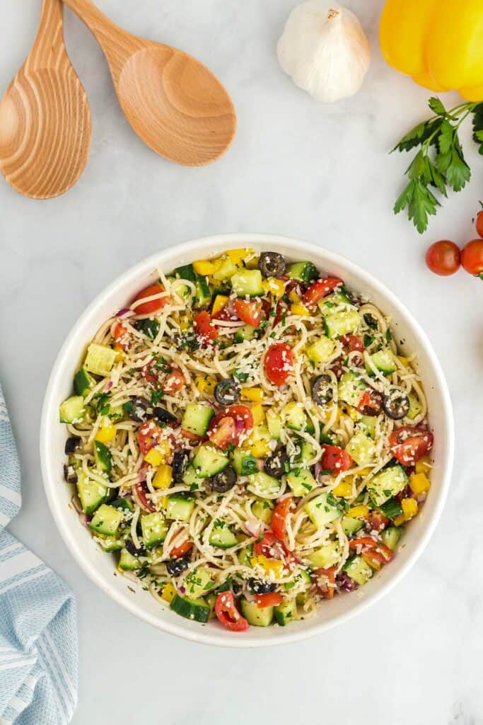 bowl of spaghetti pasta salad