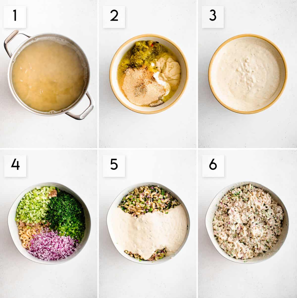 six panel collage image showing the process of making tuna pasta salad