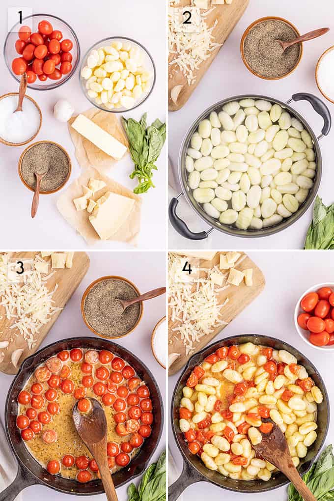 image collage showing brown butter gnocchi in four stages of preparation