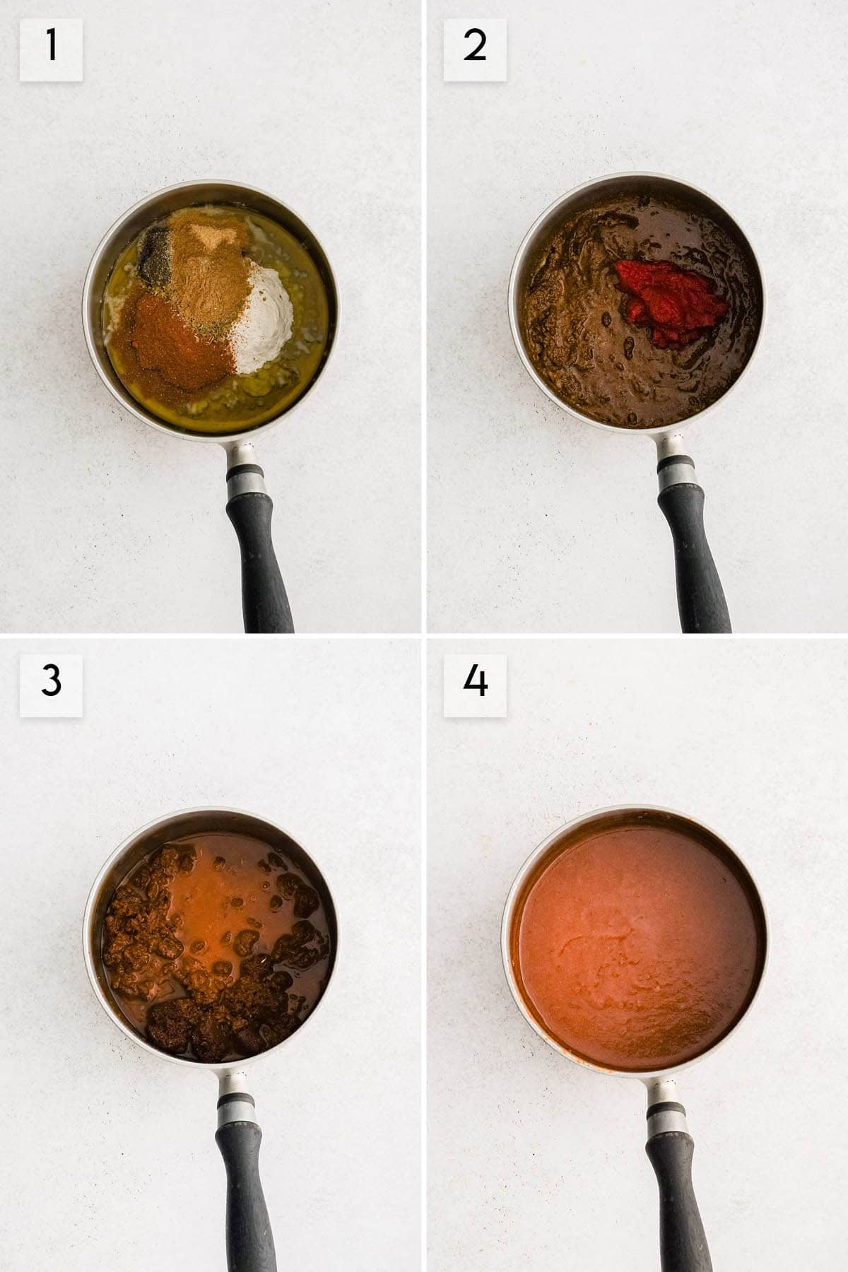 four panel collage image showing how to make homemade enchilada sauce