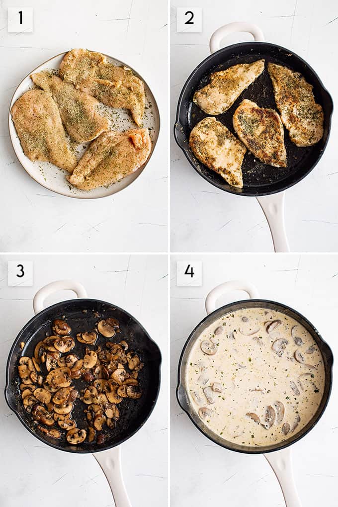 photo collage showing how to make creamy mushroom chicken