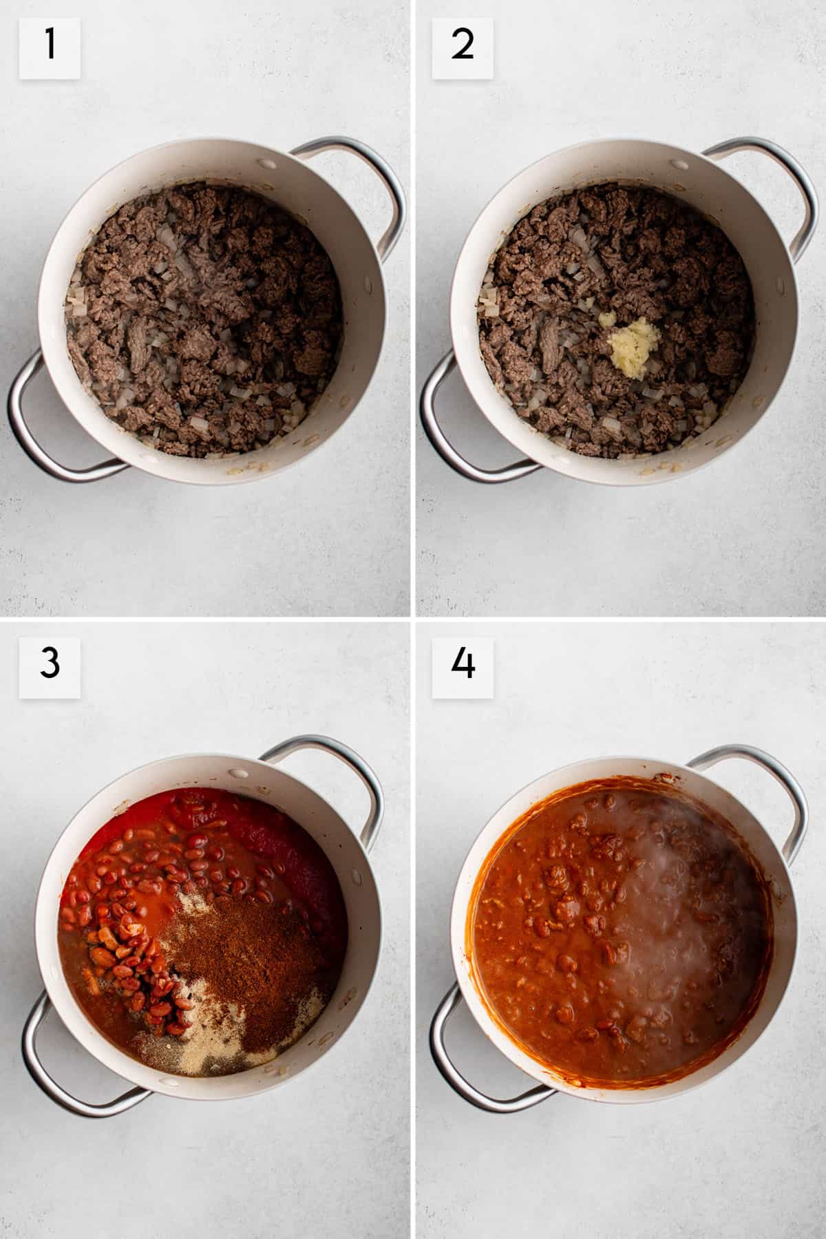 four panel collage image showing how to make the best chili recipe