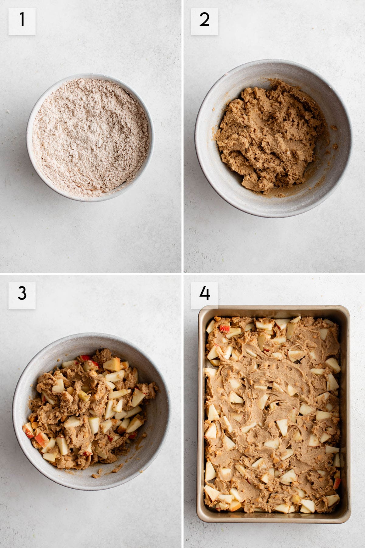 four panel collage image showing how to make butterscotch apple blondies
