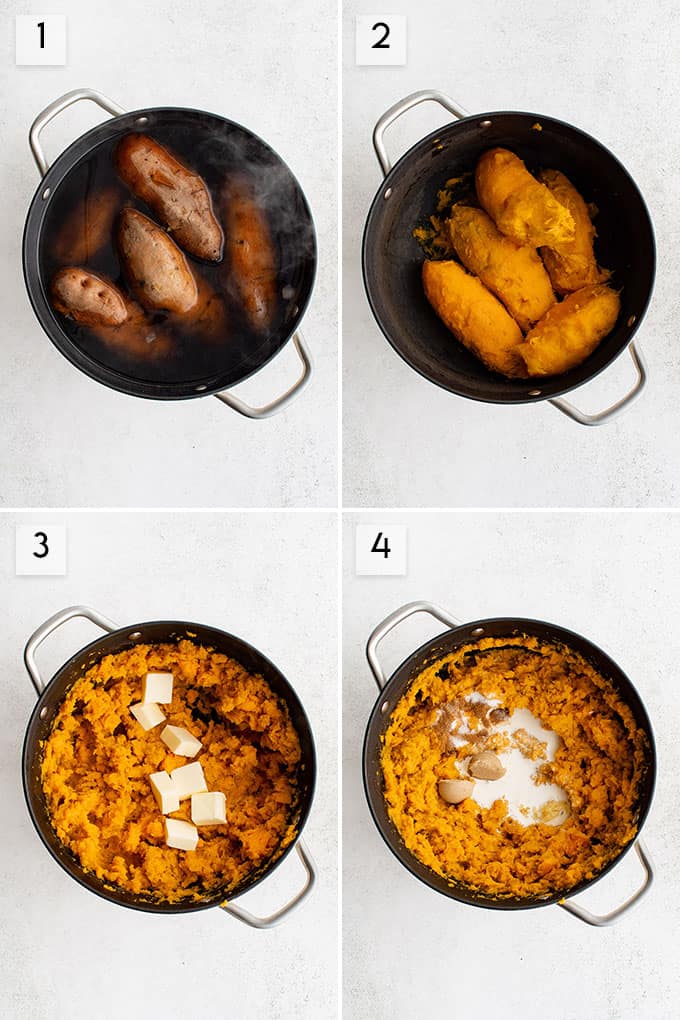 four panel collage image with overhead views of mashed sweet potatoes in different states of preparation. The first panel shows whole sweet potatoes boiling in a pot of water, the second shows boiled and peeled sweet potatoes in the drained pot, the third images shows the potatoes mashed with pats of butter, and the last image shows the mashed potatoes with heavy cream, brown sugar, garlic and salt in them