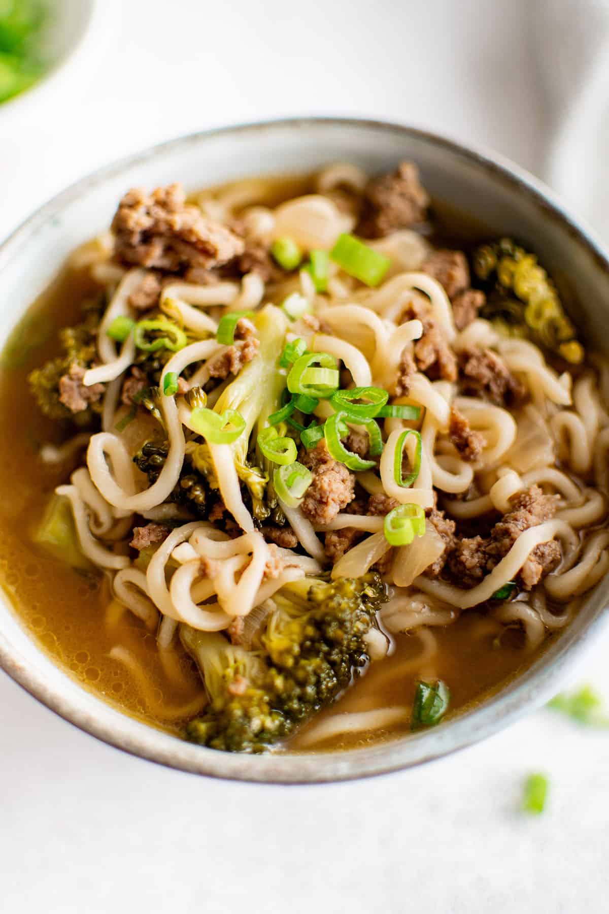 Overhead image of prepared beef and broccoli ramen noodle soup