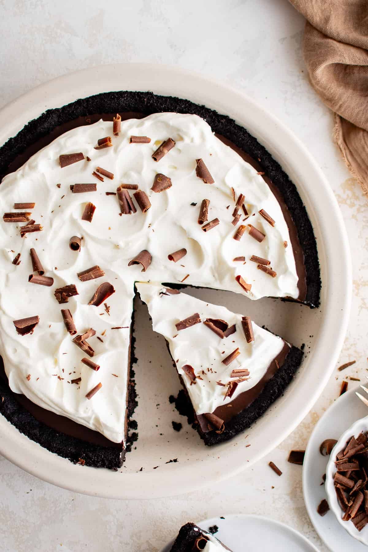 chocolate cream pie in a pie dish