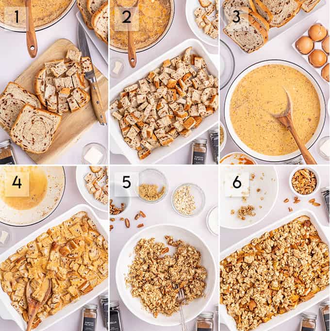 photo collage how to make pumpkin french toast casserole