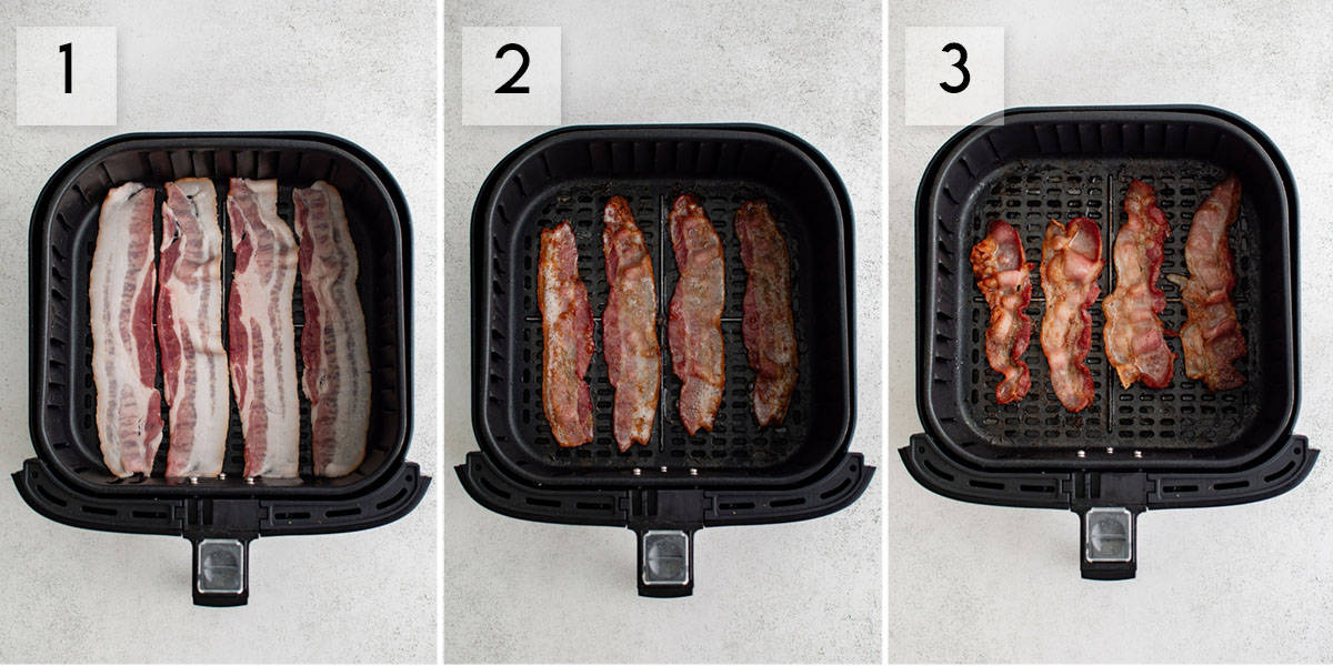 photo collage how to make bacon in the air fryer