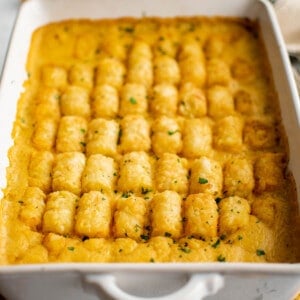 chicken tater tot casserole in a baking dish
