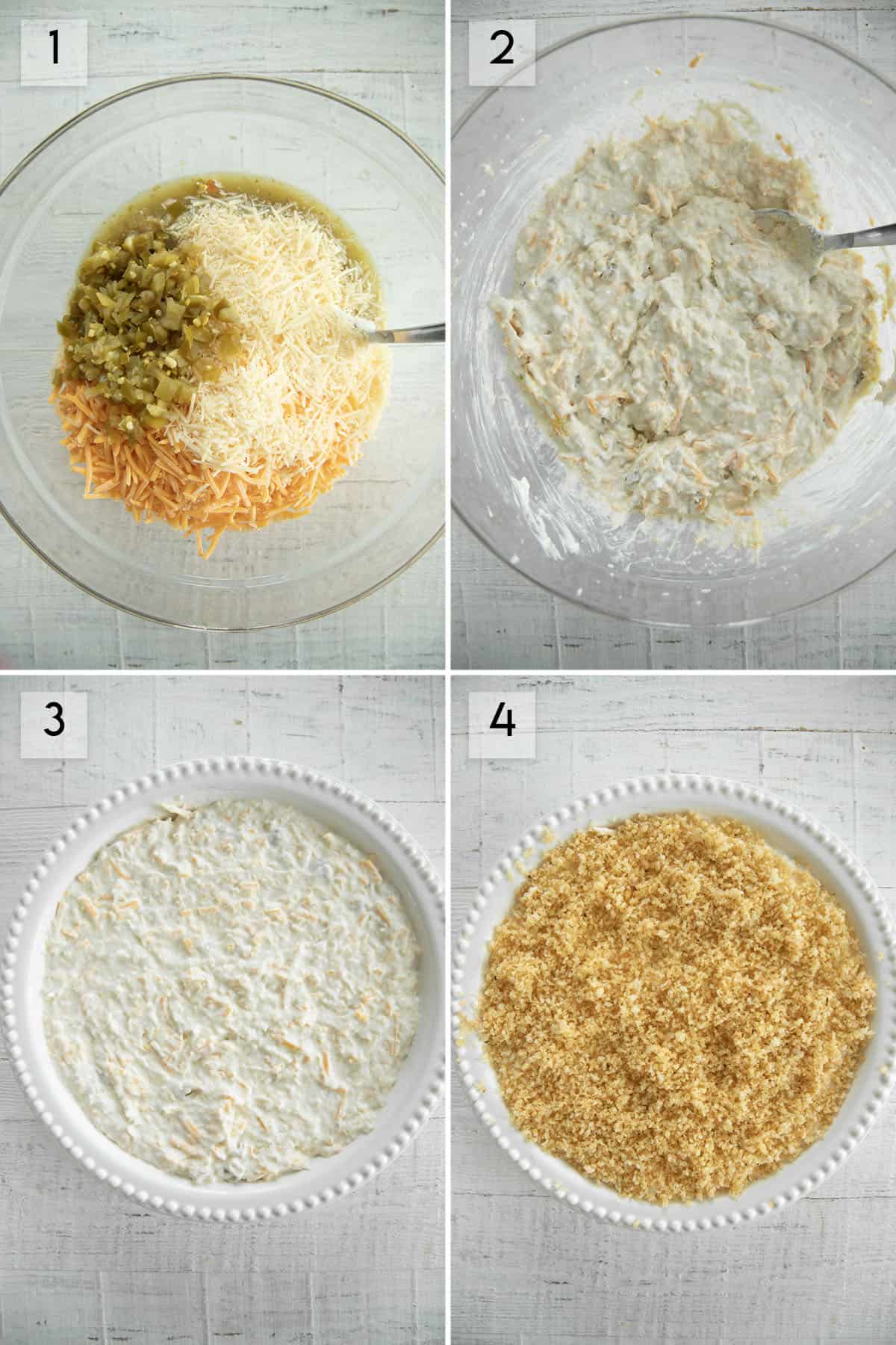 overhead collage with four pictures showing different stages of assembling jalapeno popper dip