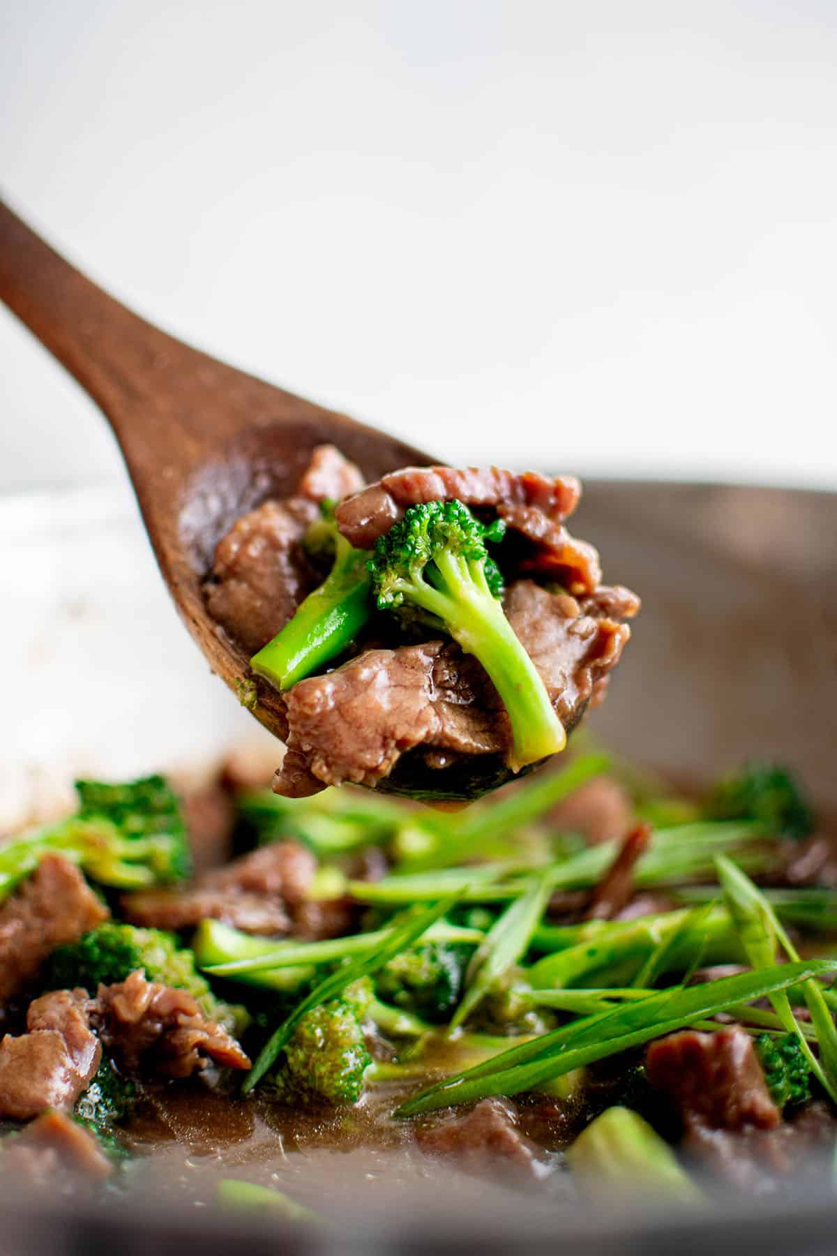 beef and broccoli on a spoon