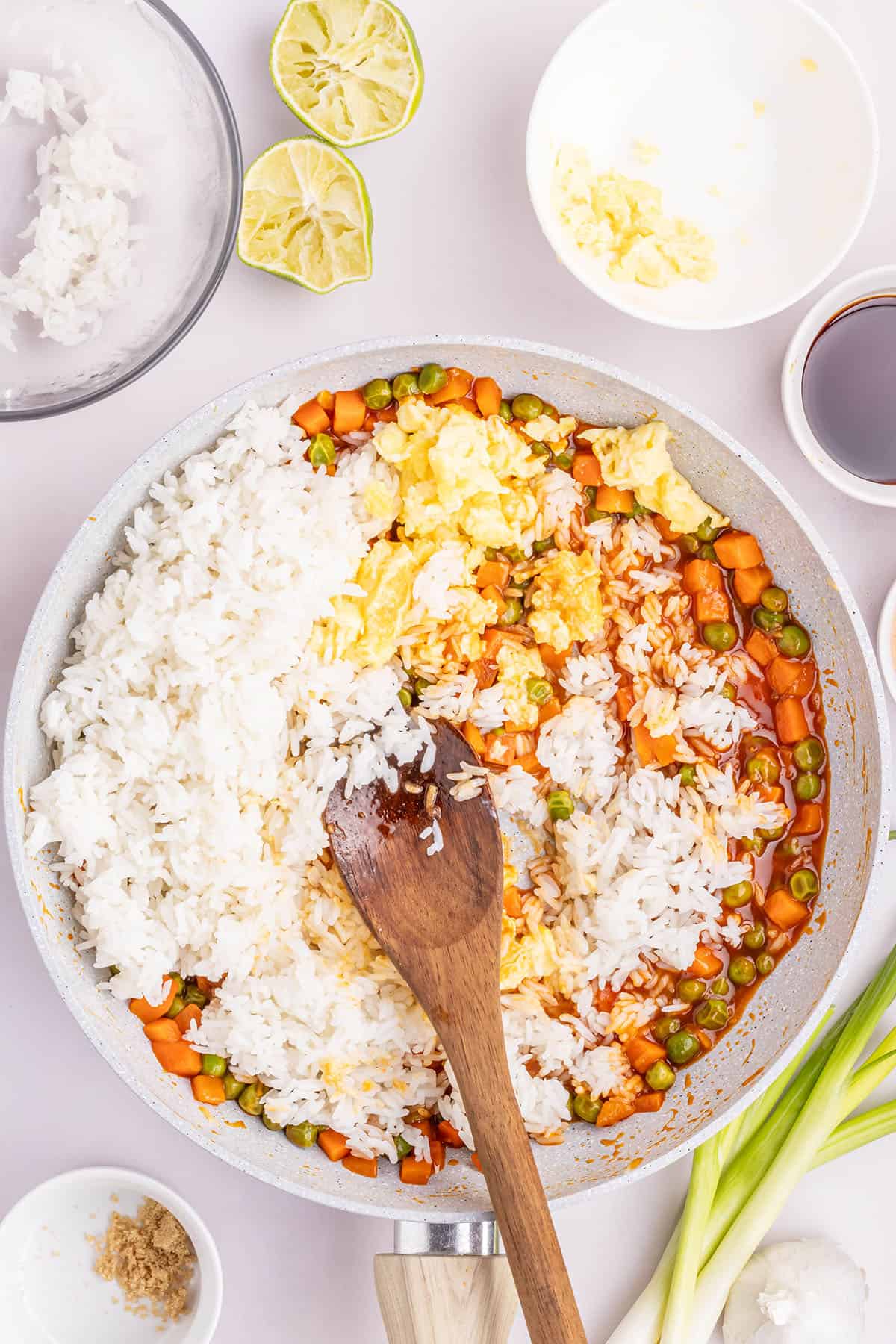 ingredients for spicy rice in a skillet