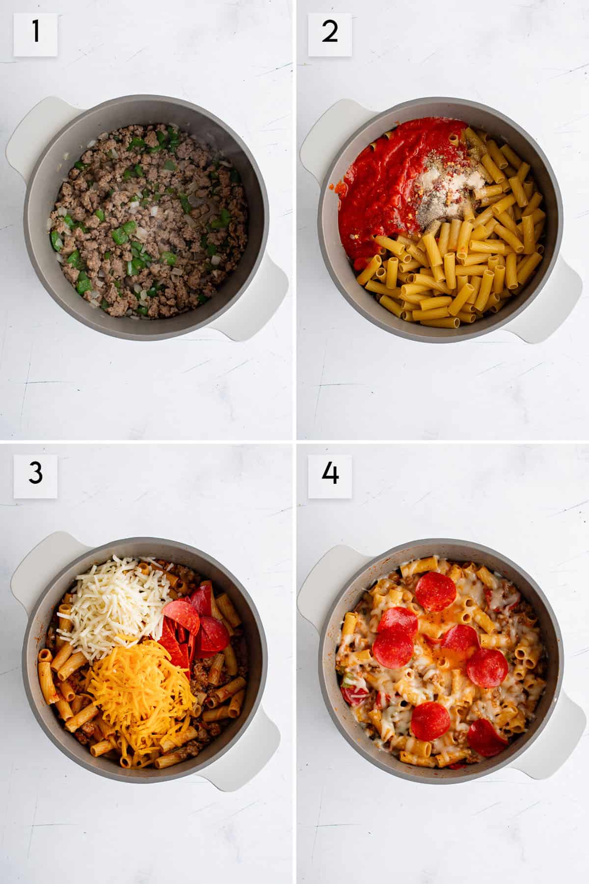 Overhead four panel collage showing the process of cooking one pot pizza pasta