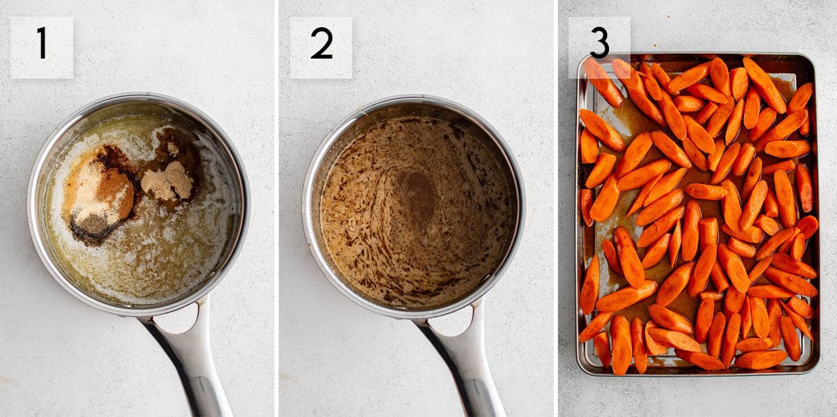 three image collage depicting the stages of making roasted carrots