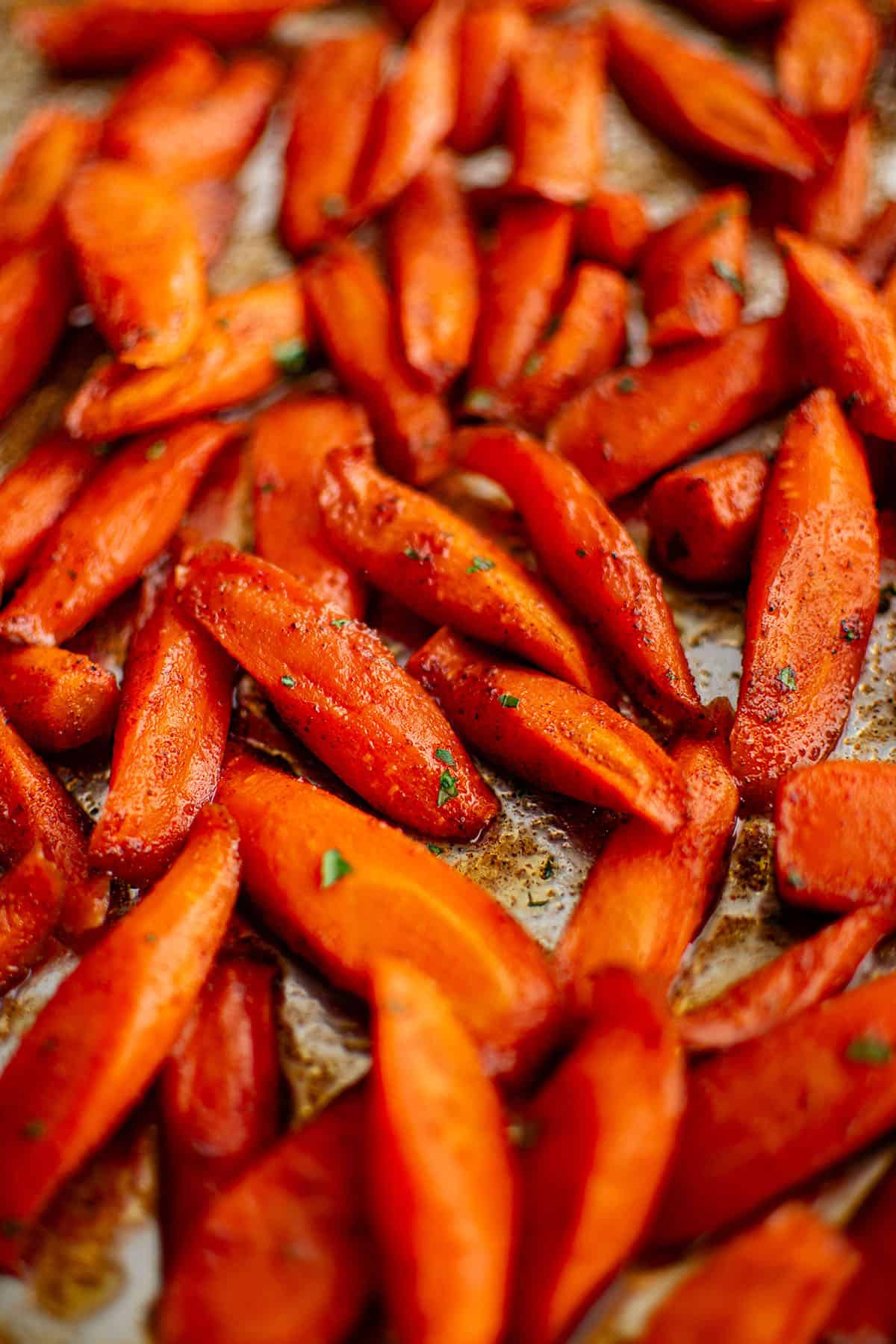 roasted carrots on a baking pan