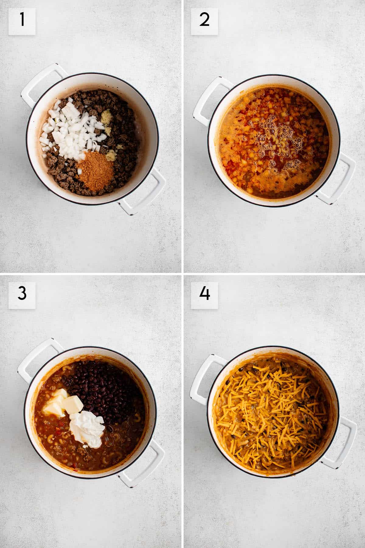 four panel collage image depicting the process of making taco pasta