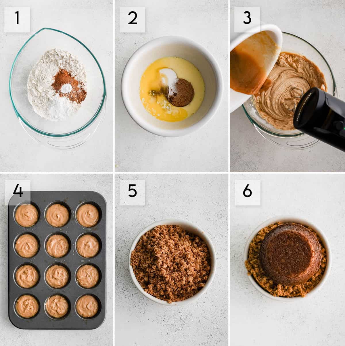 six panel collage showing different steps of making buttermilk muffins