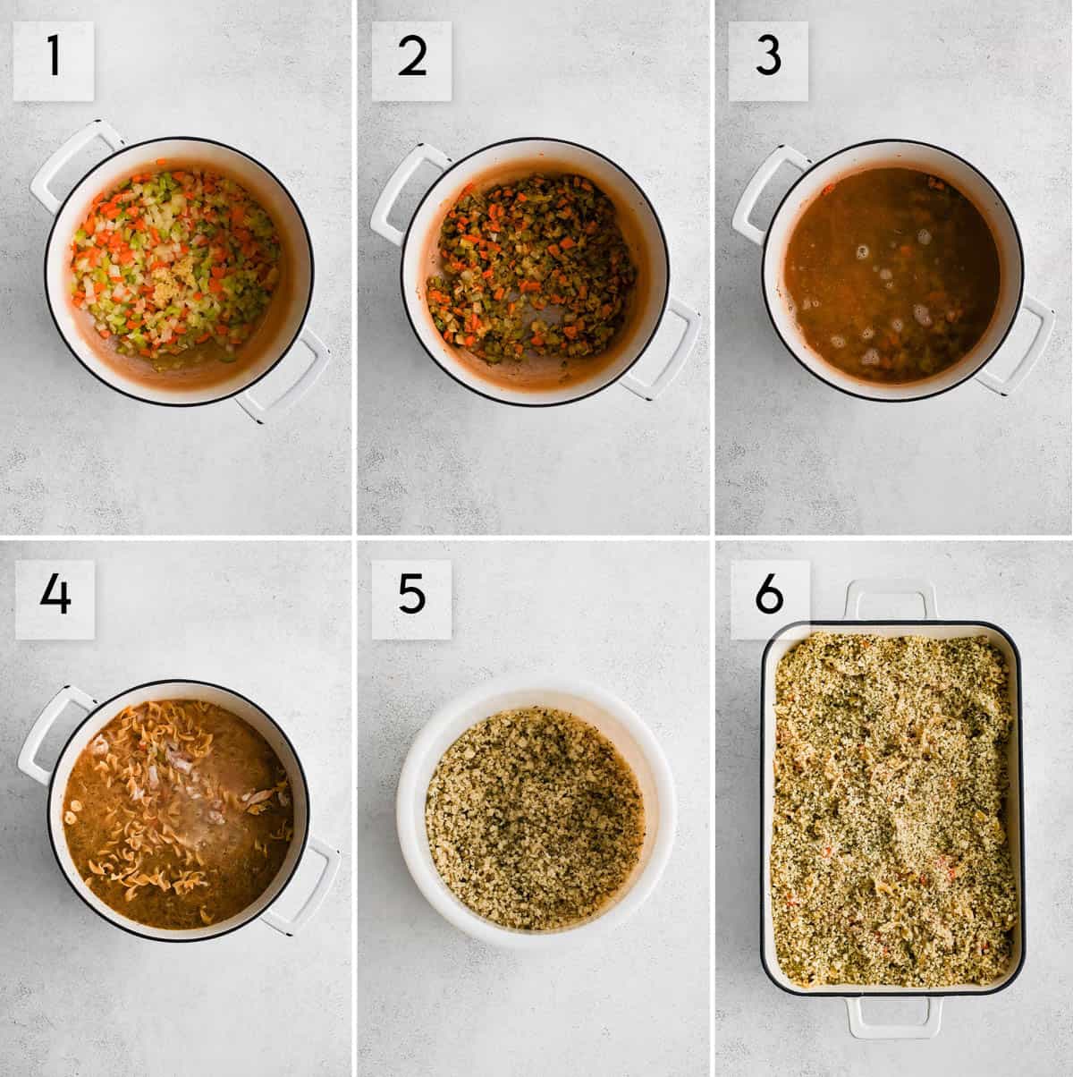 six image collage depicting the stages of preparing chicken noodle casserole