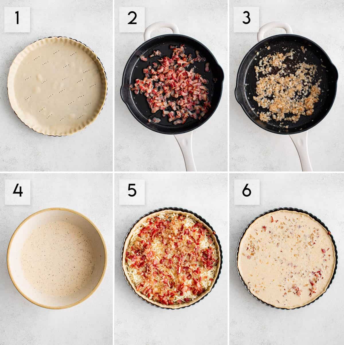 six image collage showing the general steps of making quiche lorraine