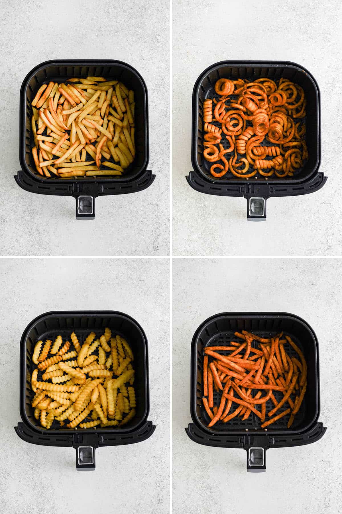four panel collage image showing air fryer baskets filled with different styles of frozen french fries