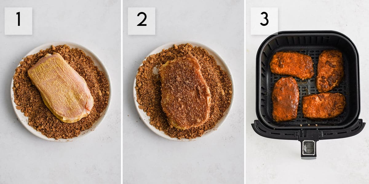 three panel collage image showing different steps of making air fryer pork chops