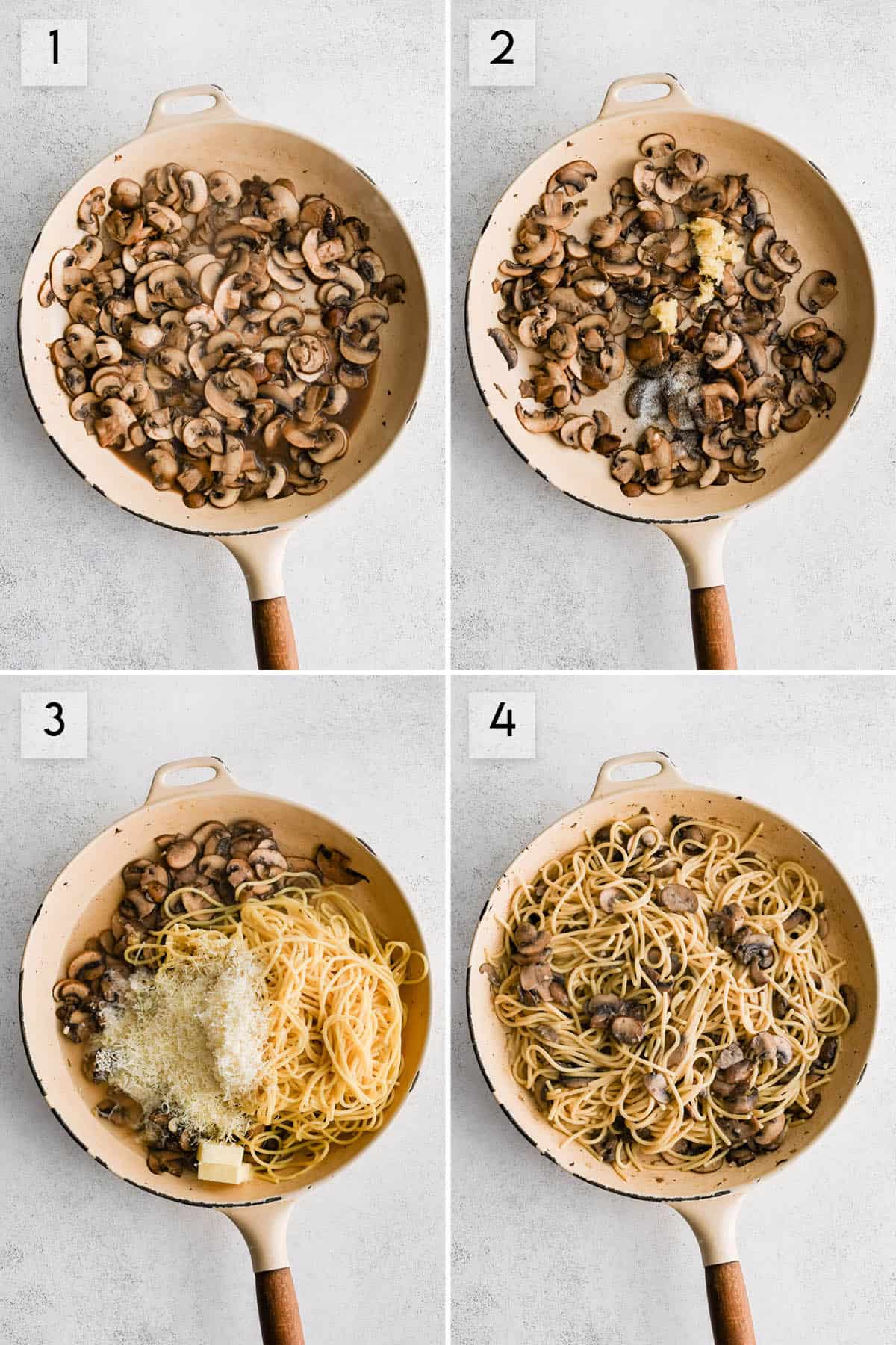 four panel collage image showing different steps of making garlic butter mushroom pasta