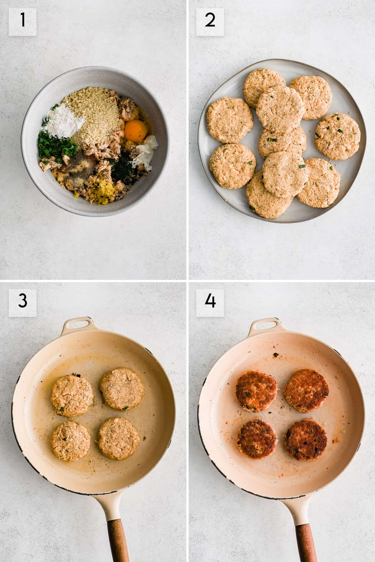 four panel collage image showing different stages of salmon patty preparation