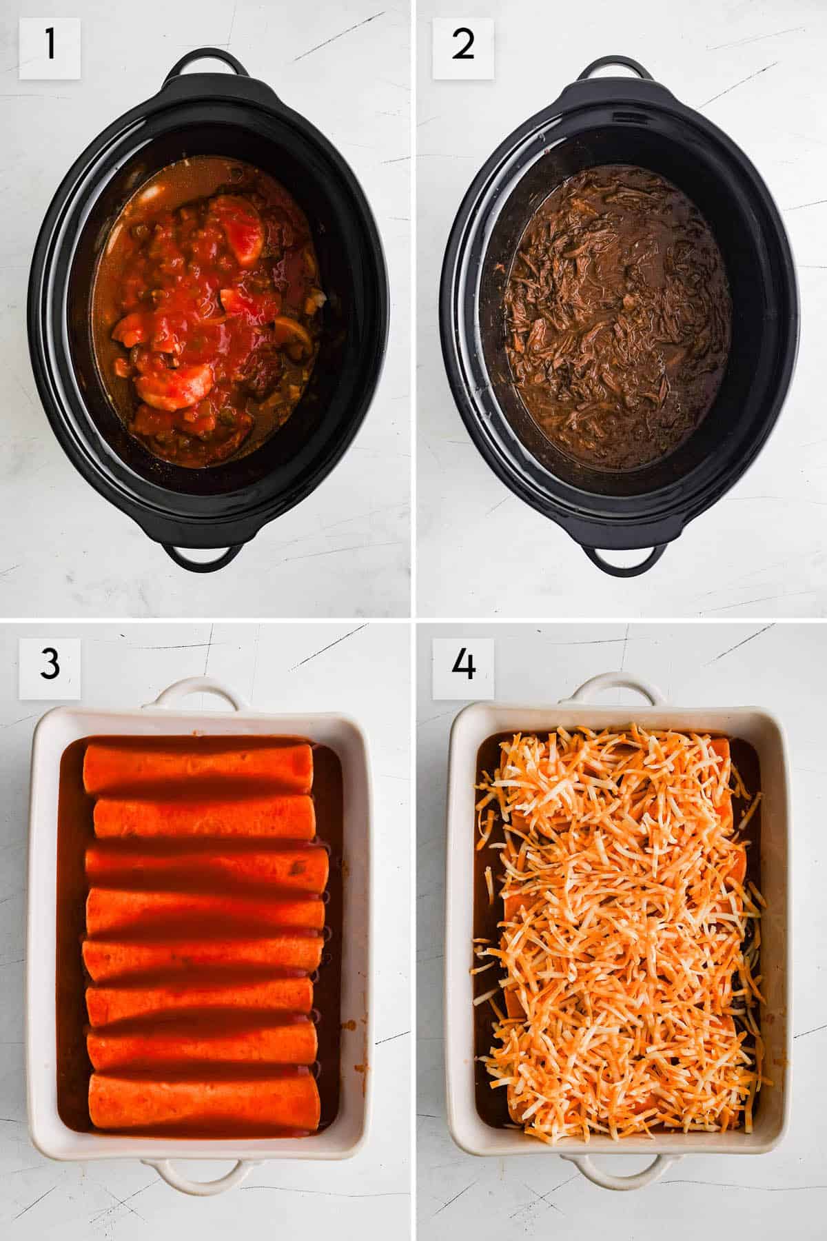 four panel collage showing different steps of preparing shredded beef enchiladas
