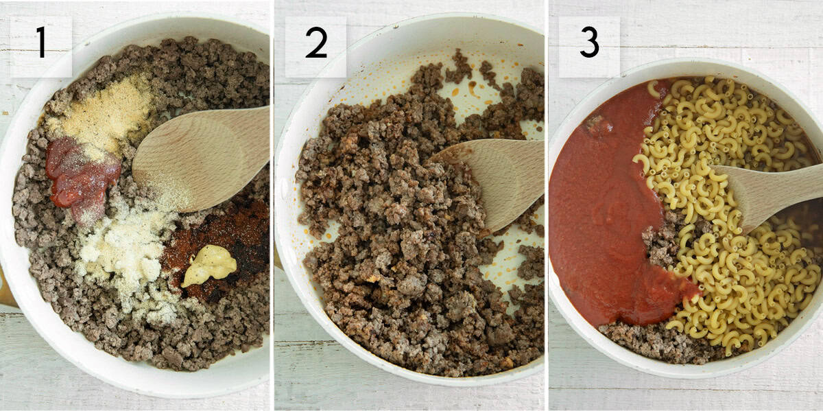 three panel collage image showing different steps of preparing one pot beefaroni