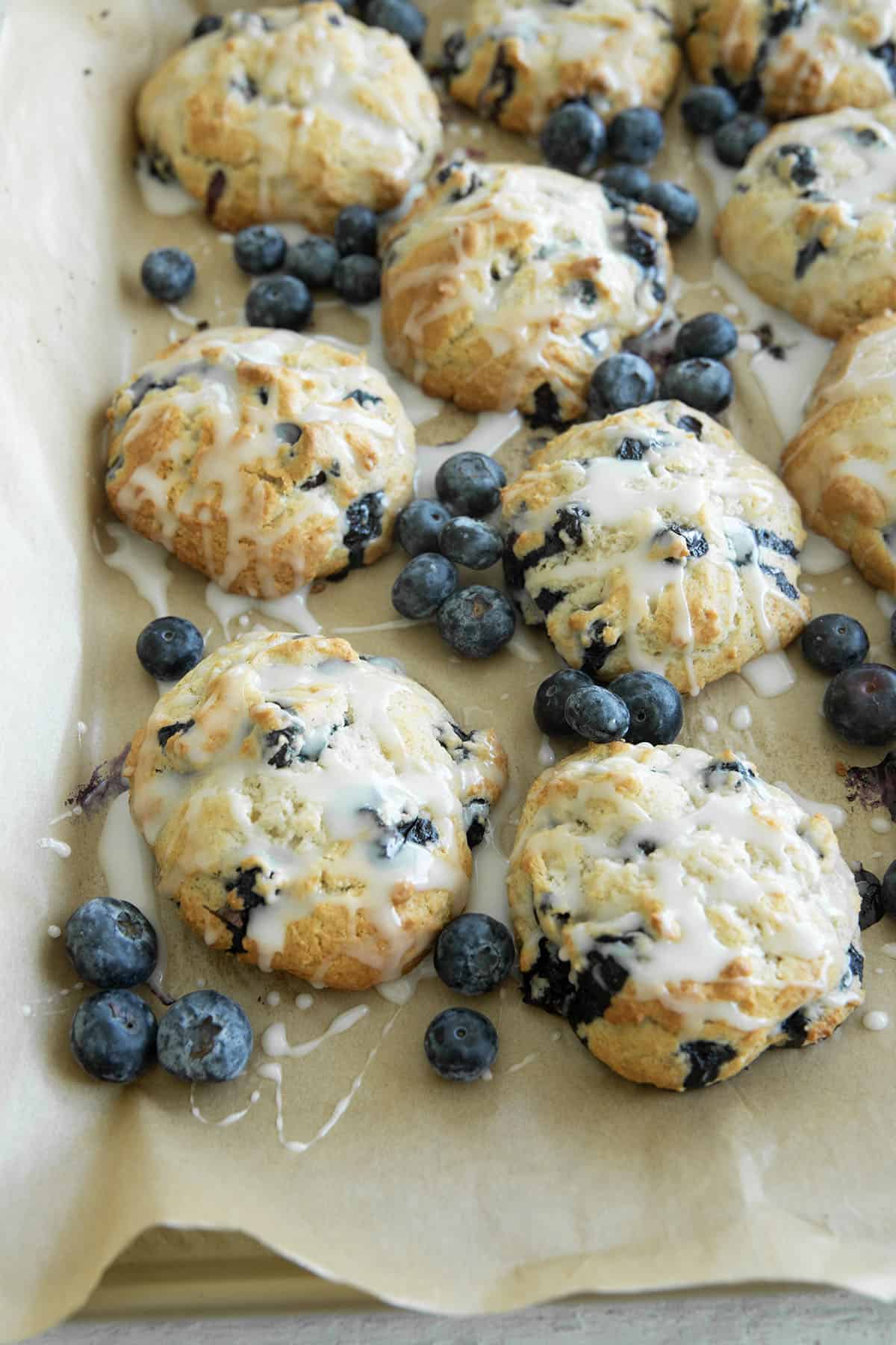 blueberry biscuits on a sheet pan
