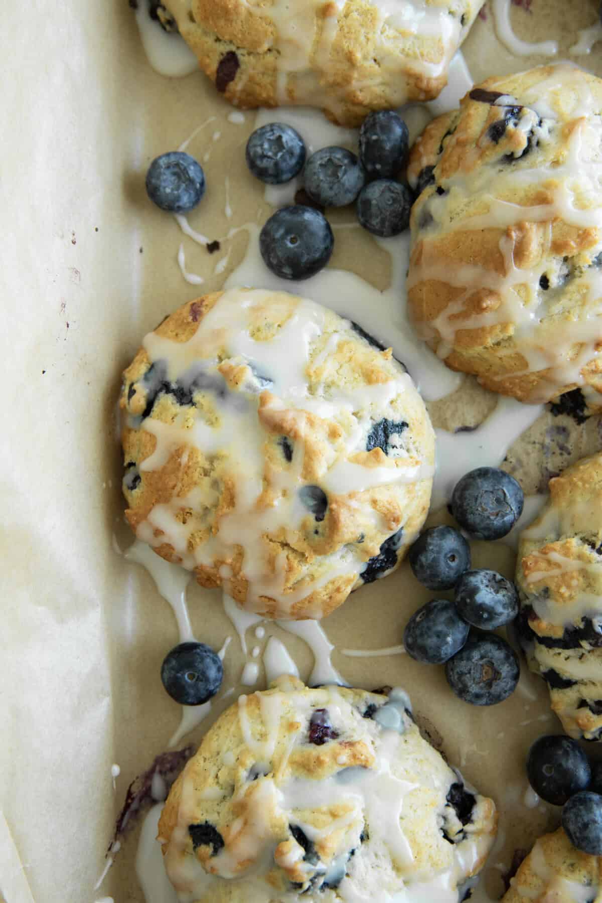 biscuit with blueberries on a sheet pan