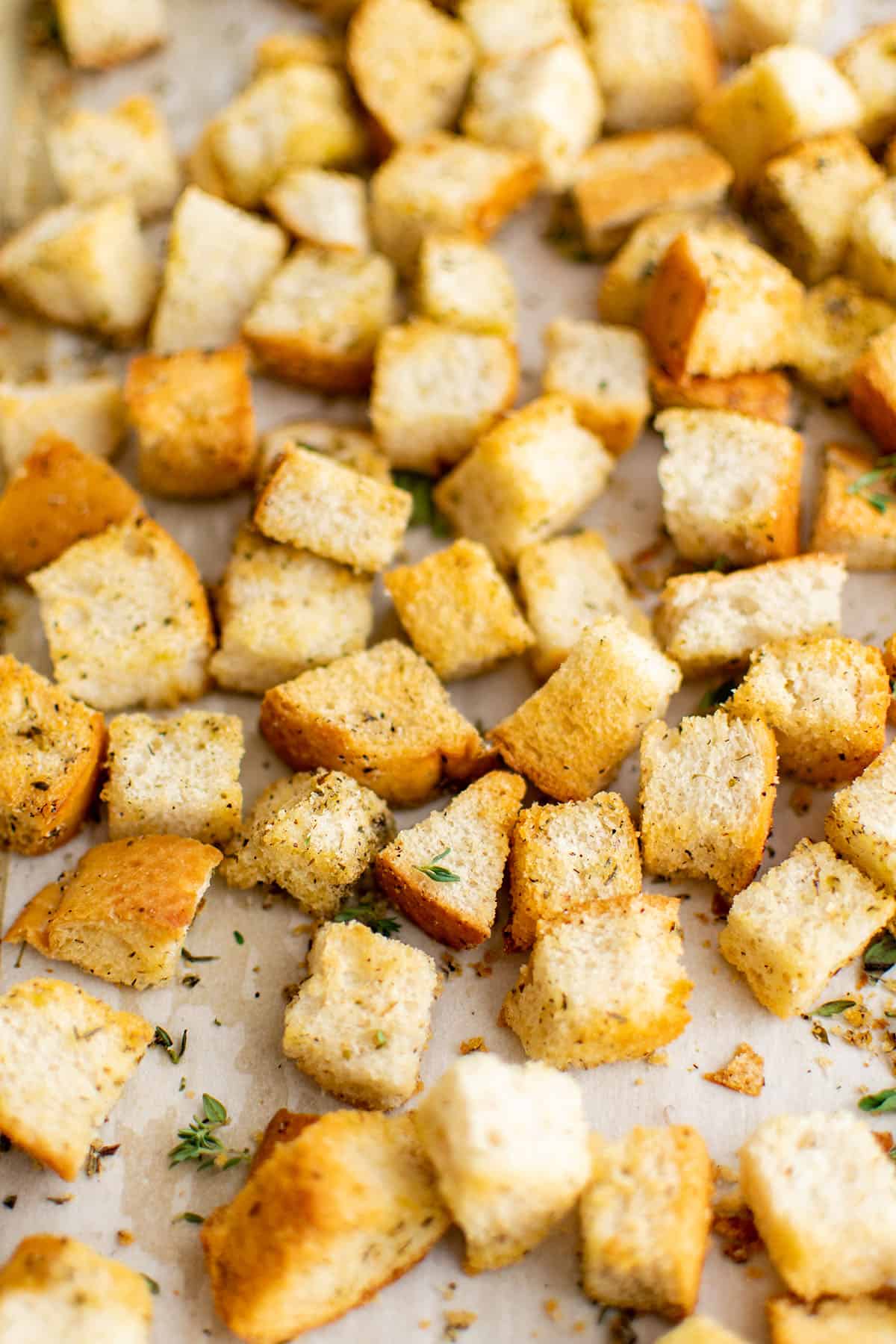 croutons baked in the oven on a sheet pan