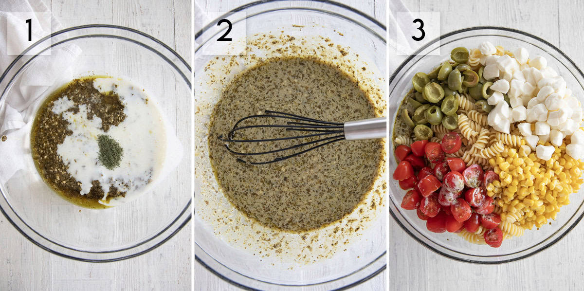 photo collage how to make pesto pasta salad